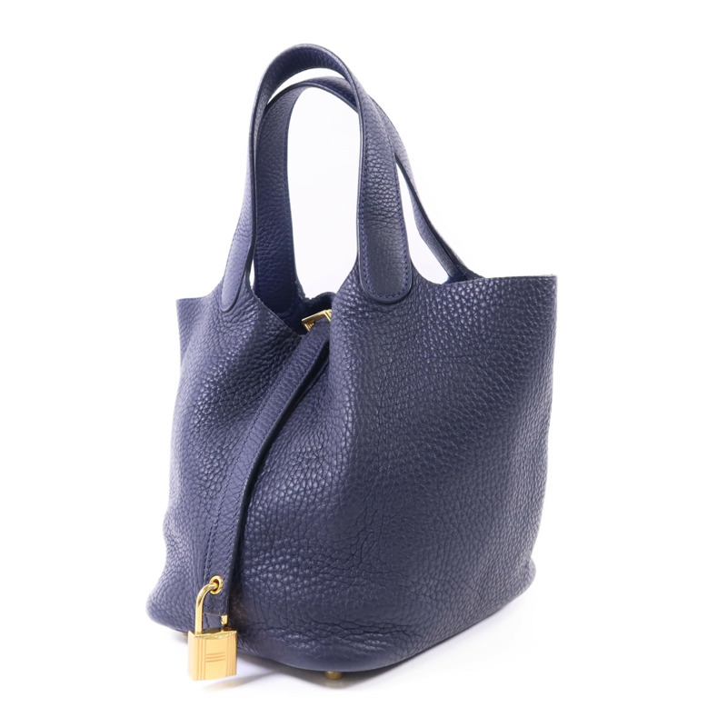 HERMES Clemence皮革Picotin PM金扣手挽袋Bleu Nuit-2