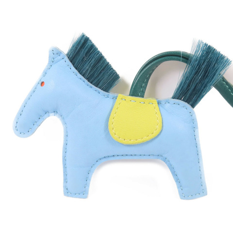 HERMES Milo皮革/馬毛Rodeo PM Charm掛飾Bleu Atoll