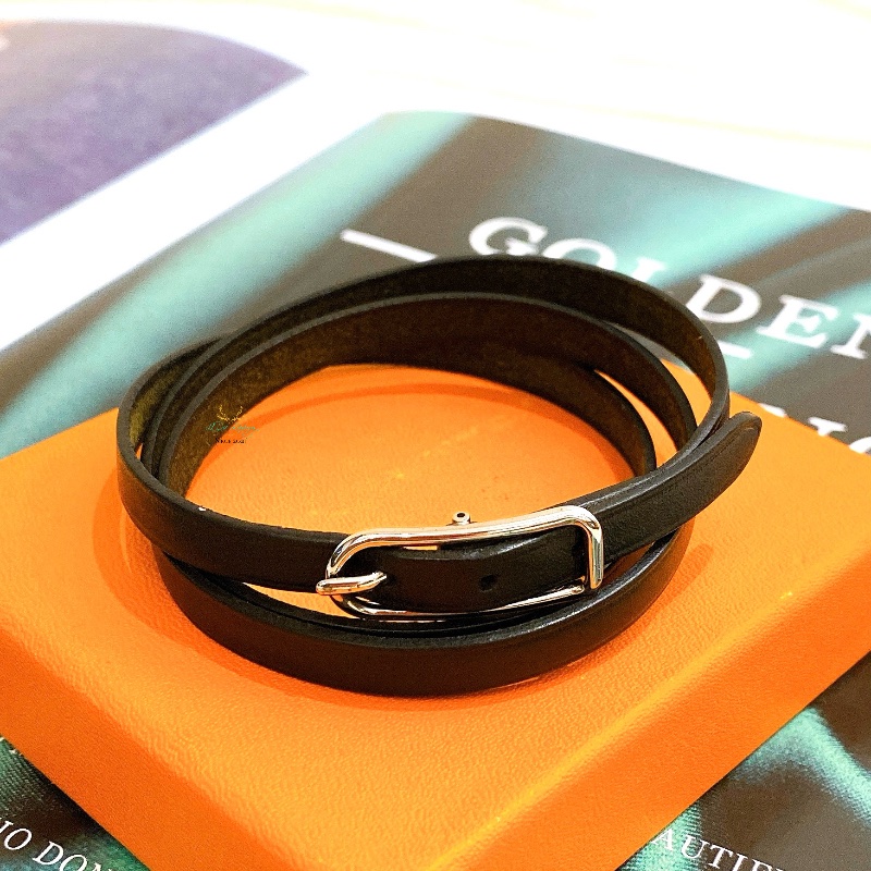 Hermes 愛馬仕 黑色 銀釦 全皮革 三圈 穿洞式 手環 皮革手環 中性配飾-0