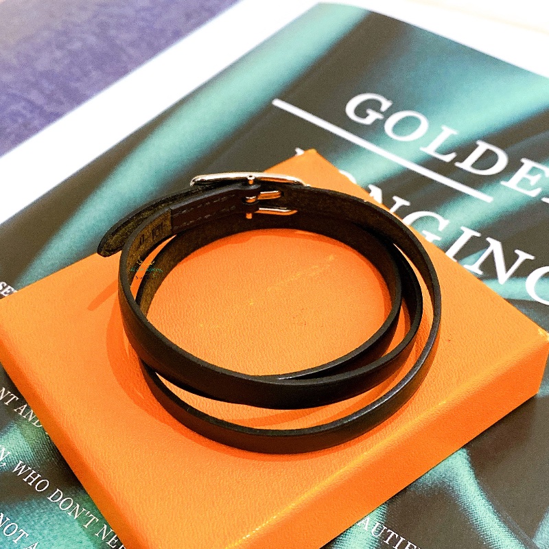 Hermes 愛馬仕 黑色 銀釦 全皮革 三圈 穿洞式 手環 皮革手環 中性配飾-2