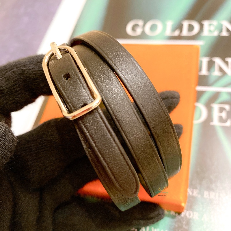 Hermes 愛馬仕 黑色 銀釦 全皮革 三圈 穿洞式 手環 皮革手環 中性配飾-3