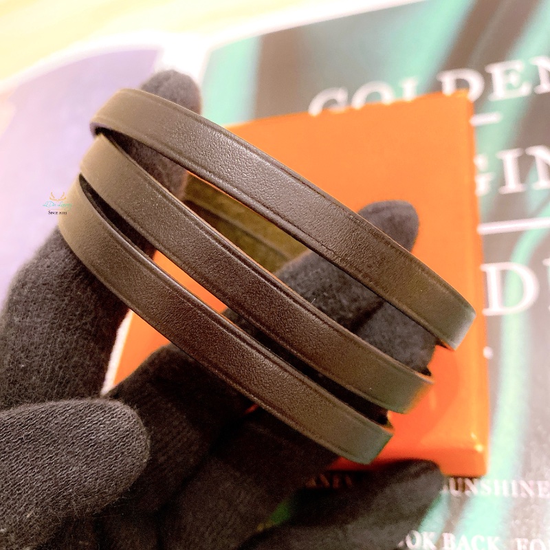 Hermes 愛馬仕 黑色 銀釦 全皮革 三圈 穿洞式 手環 皮革手環 中性配飾-4