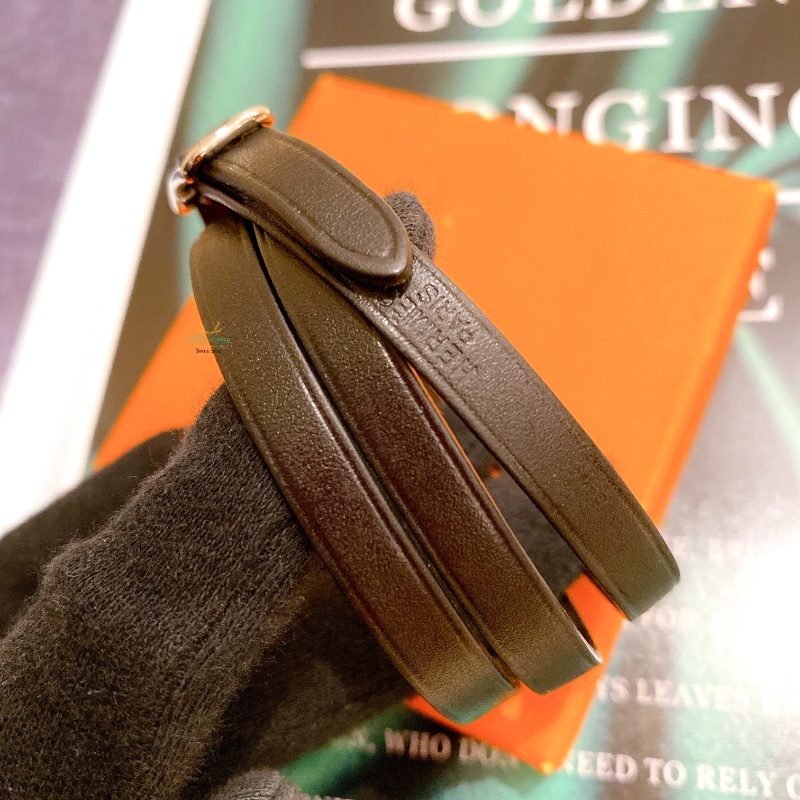 Hermes 愛馬仕 黑色 銀釦 全皮革 三圈 穿洞式 手環 皮革手環 中性配飾-5