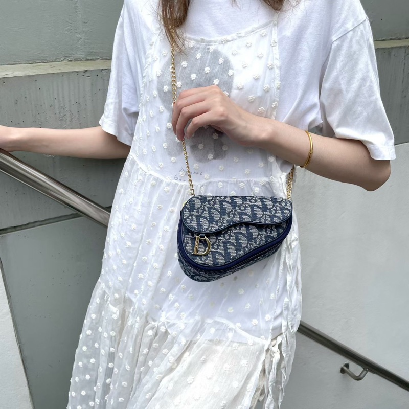 「JL精品代購」98新 Dior老花小馬鞍零錢包配上珍珠鏈條真可愛-0