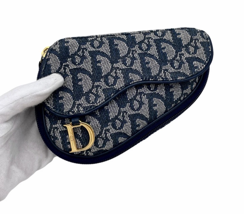 「JL精品代購」98新 Dior老花小馬鞍零錢包配上珍珠鏈條真可愛-3