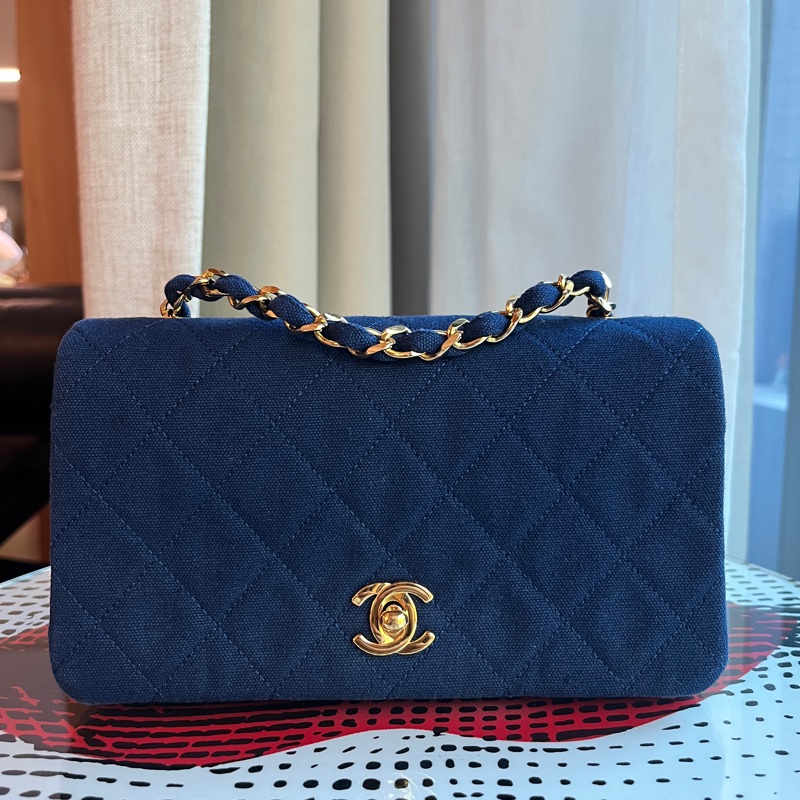 香奈兒 CHANEL 稀有海軍藍老香 中古包 迷你牛仔24K金鏈斜背包 丹寧帆布 翻蓋包-0