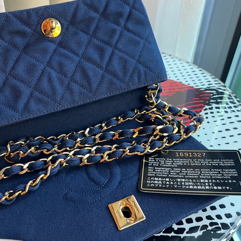 香奈兒 CHANEL 稀有海軍藍老香 中古包 迷你牛仔24K金鏈斜背包 丹寧帆布 翻蓋包-1