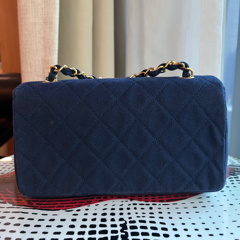 香奈兒 CHANEL 稀有海軍藍老香 中古包 迷你牛仔24K金鏈斜背包 丹寧帆布 翻蓋包-2