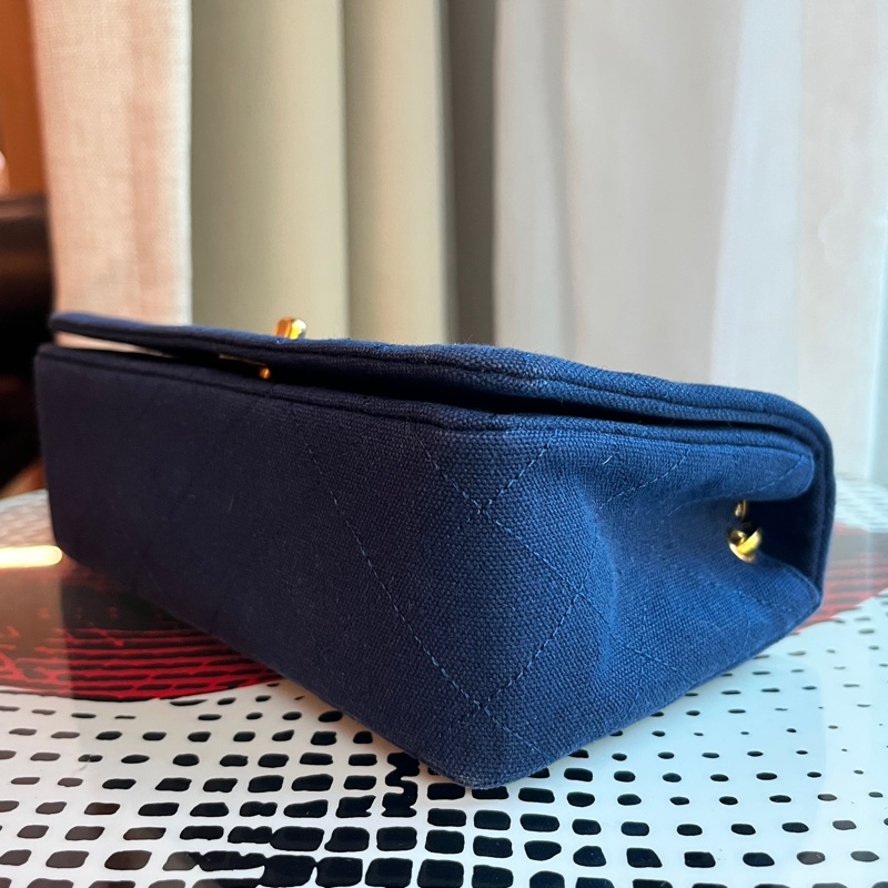 香奈兒 CHANEL 稀有海軍藍老香 中古包 迷你牛仔24K金鏈斜背包 丹寧帆布 翻蓋包-4
