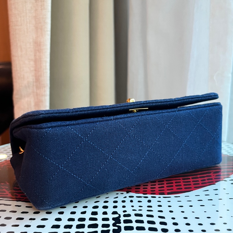 香奈兒 CHANEL 稀有海軍藍老香 中古包 迷你牛仔24K金鏈斜背包 丹寧帆布 翻蓋包-11