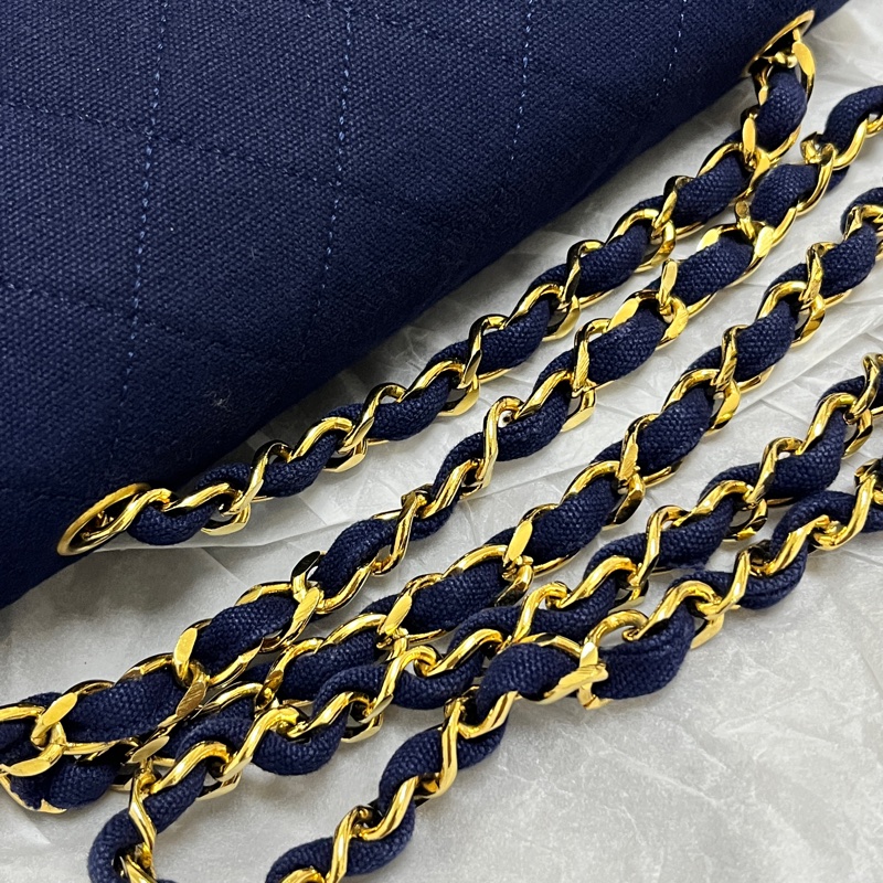 香奈兒 CHANEL 稀有海軍藍老香 中古包 迷你牛仔24K金鏈斜背包 丹寧帆布 翻蓋包-12