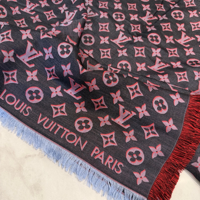 LV 深藍底紅Logo羊毛絲質方巾M76078-1