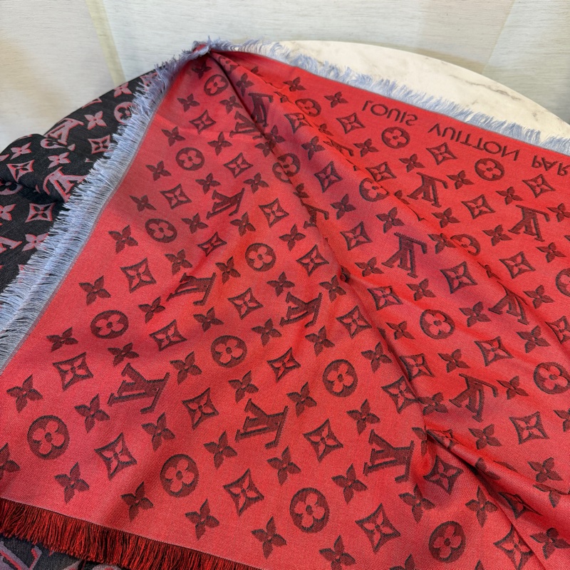 LV 深藍底紅Logo羊毛絲質方巾M76078-7