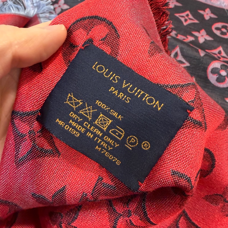 LV 深藍底紅Logo羊毛絲質方巾M76078-8