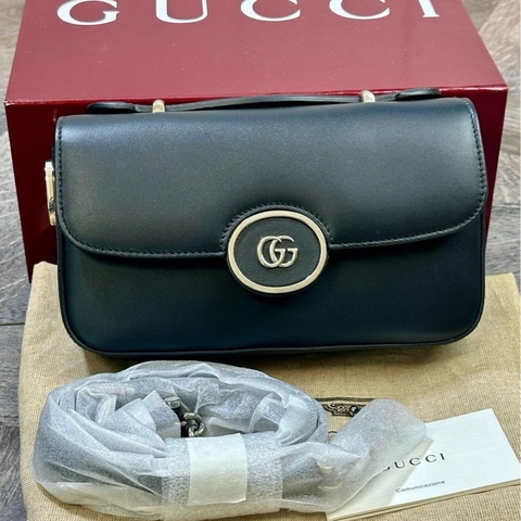 99新Gucci 古馳 Petite 雙G徽標包袋 可調節可拆卸肩帶 全皮邮差包 手提单肩斜挎包