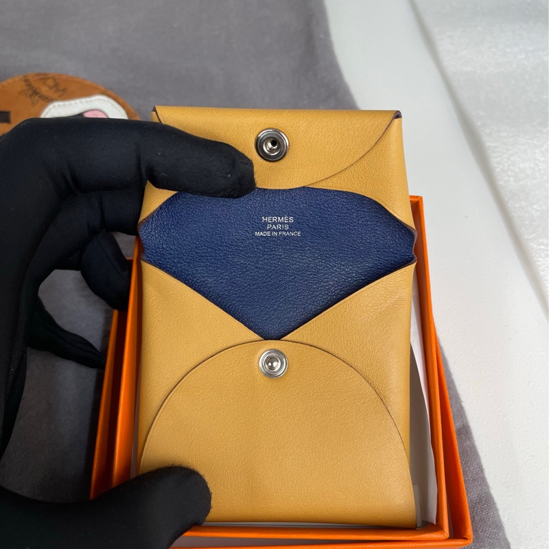 未使用 Hermès Bastia 零錢包|雙色拼接 Gold × 深藍|附盒-0