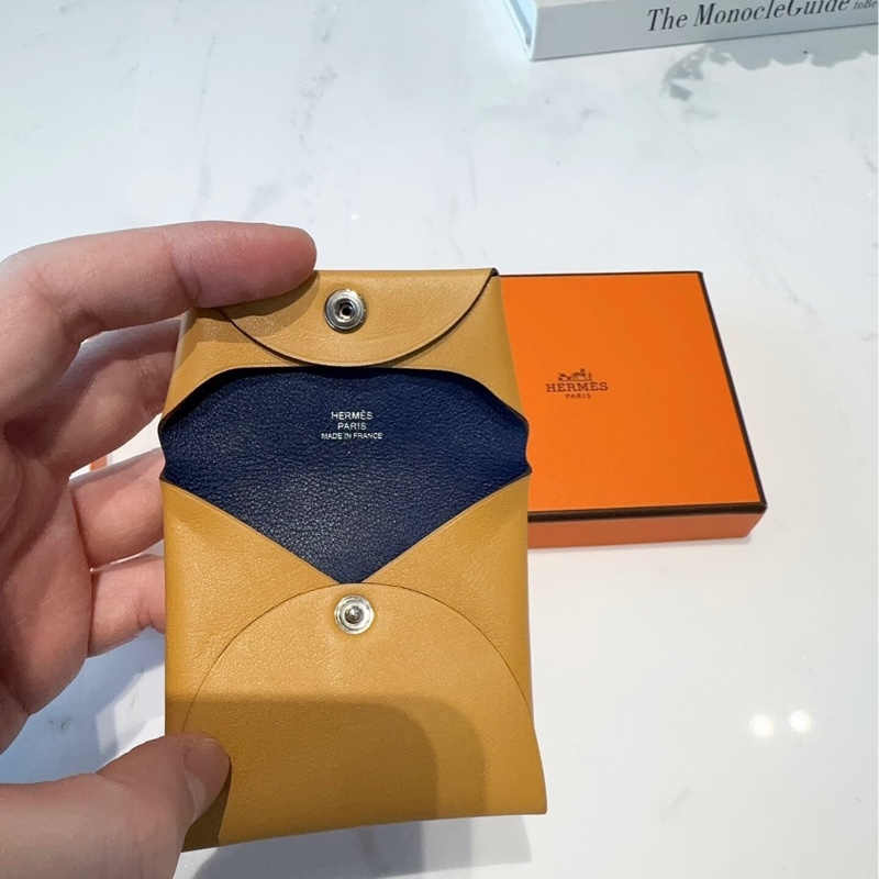 未使用 Hermès Bastia 零錢包|雙色拼接 Gold × 深藍|附盒-2
