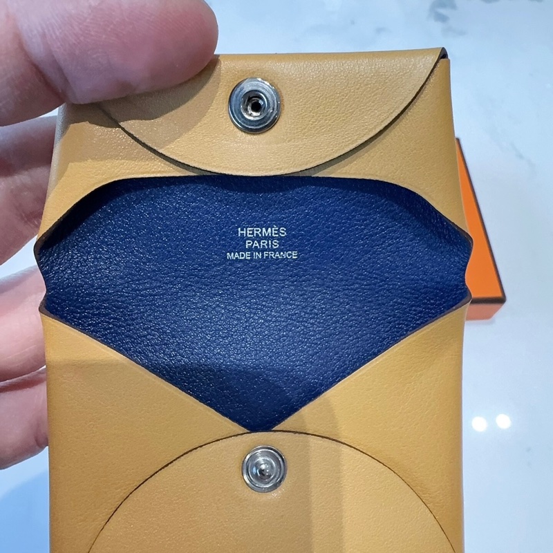 未使用 Hermès Bastia 零錢包|雙色拼接 Gold × 深藍|附盒-5