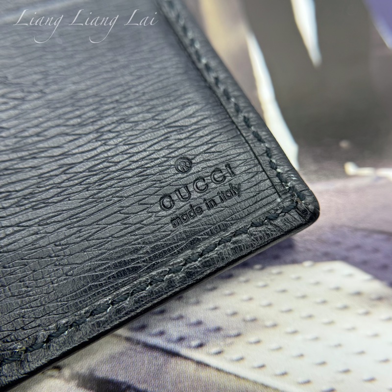 GUCCI 古馳經典金屬標牛皮壓紋深藍色對開短夾-2