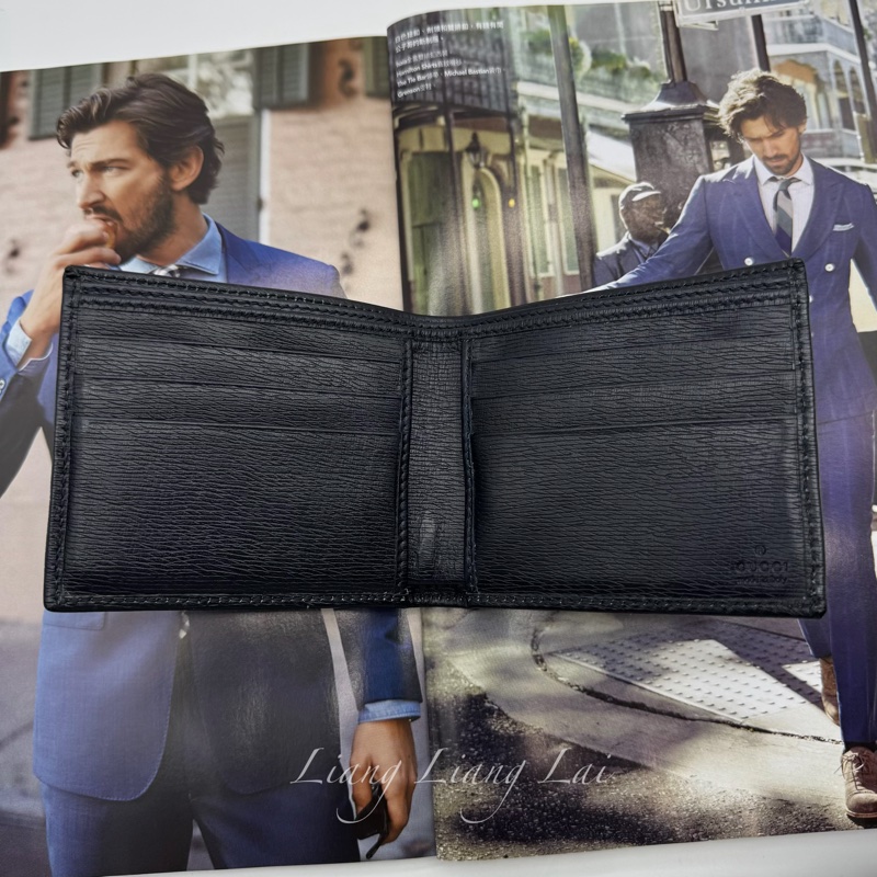 GUCCI 古馳經典金屬標牛皮壓紋深藍色對開短夾-5