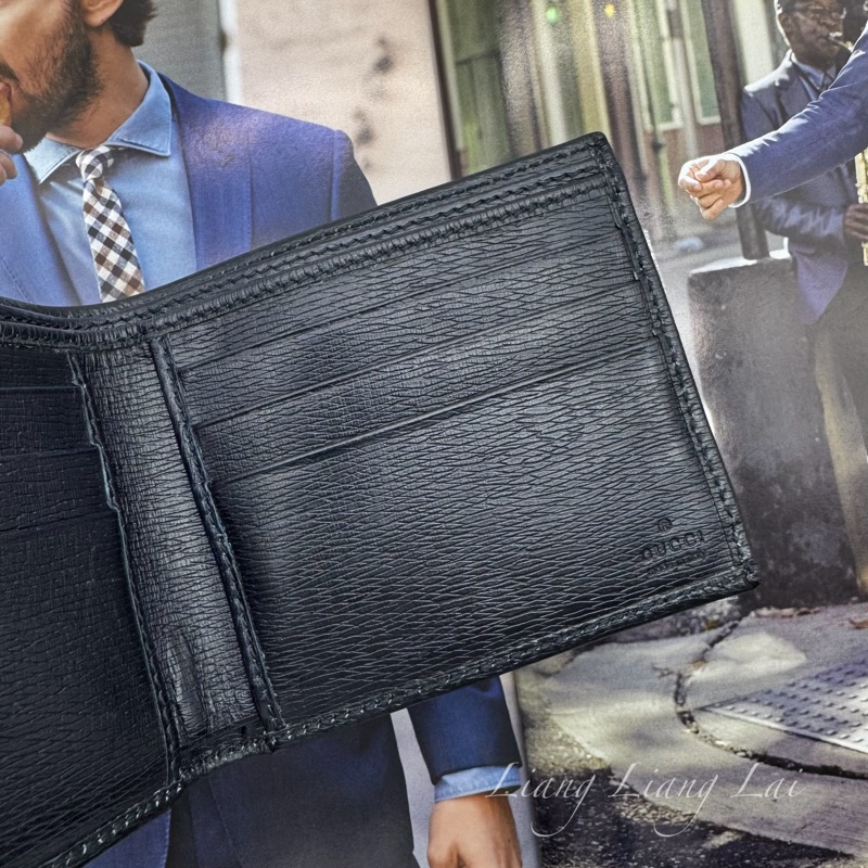 GUCCI 古馳經典金屬標牛皮壓紋深藍色對開短夾-8