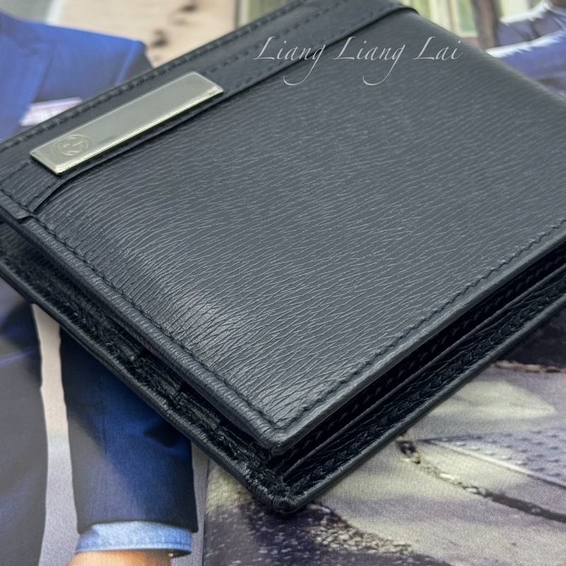 GUCCI 古馳經典金屬標牛皮壓紋深藍色對開短夾-22