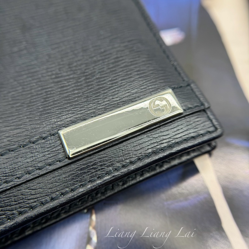 GUCCI 古馳經典金屬標牛皮壓紋深藍色對開短夾-23