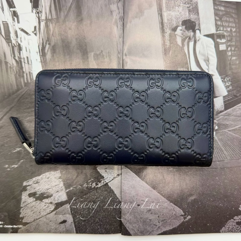 GUCCI 古馳 GG 壓紋小牛皮拉鍊深藍色長夾-0