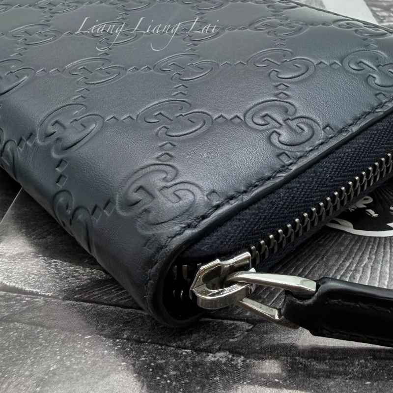 GUCCI 古馳 GG 壓紋小牛皮拉鍊深藍色長夾-19