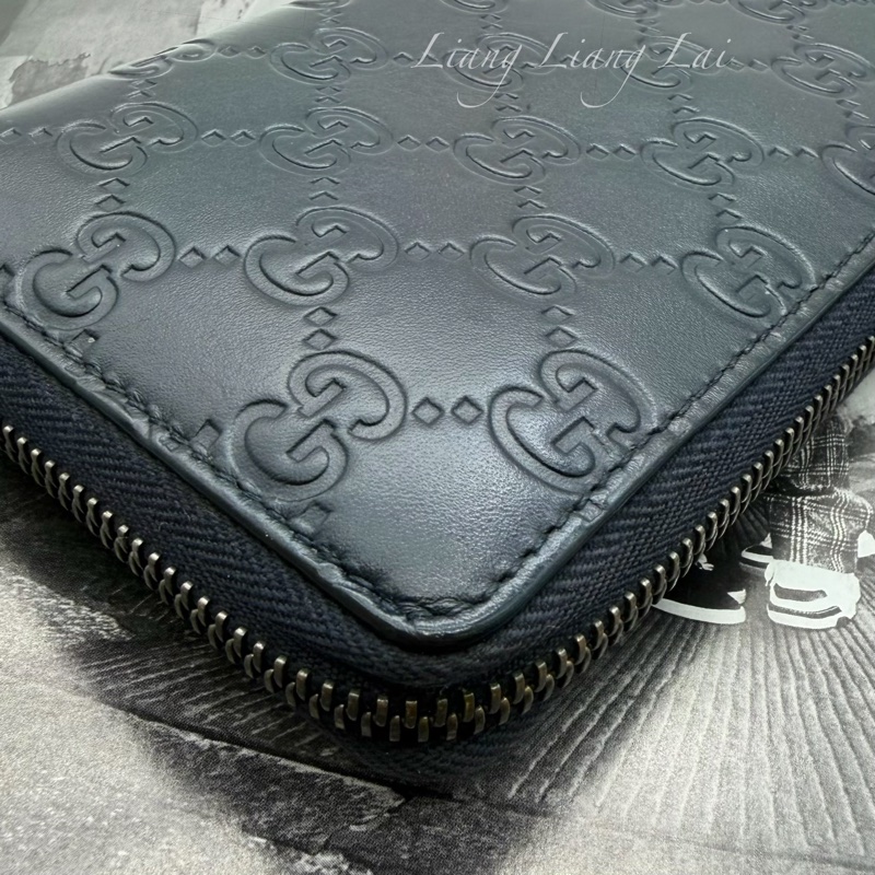 GUCCI 古馳 GG 壓紋小牛皮拉鍊深藍色長夾-20