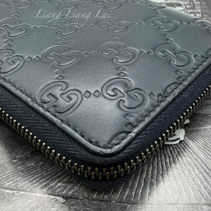 GUCCI 古馳 GG 壓紋小牛皮拉鍊深藍色長夾-21