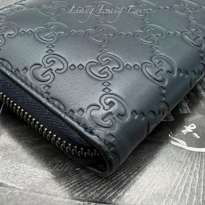 GUCCI 古馳 GG 壓紋小牛皮拉鍊深藍色長夾-22