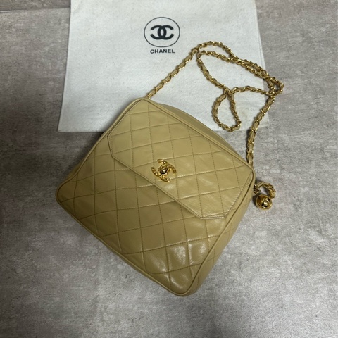 正品 Chanel vintage奶茶色菠蘿釦方包