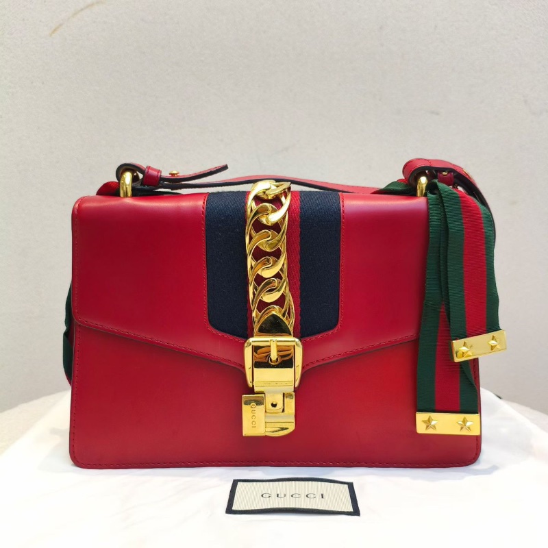 GUCCI Sylvie 金扣 條紋織帶羅緞蝴蝶結寬版肩帶 手提肩背斜背包小號  26x6x16 98新配件塵袋-1