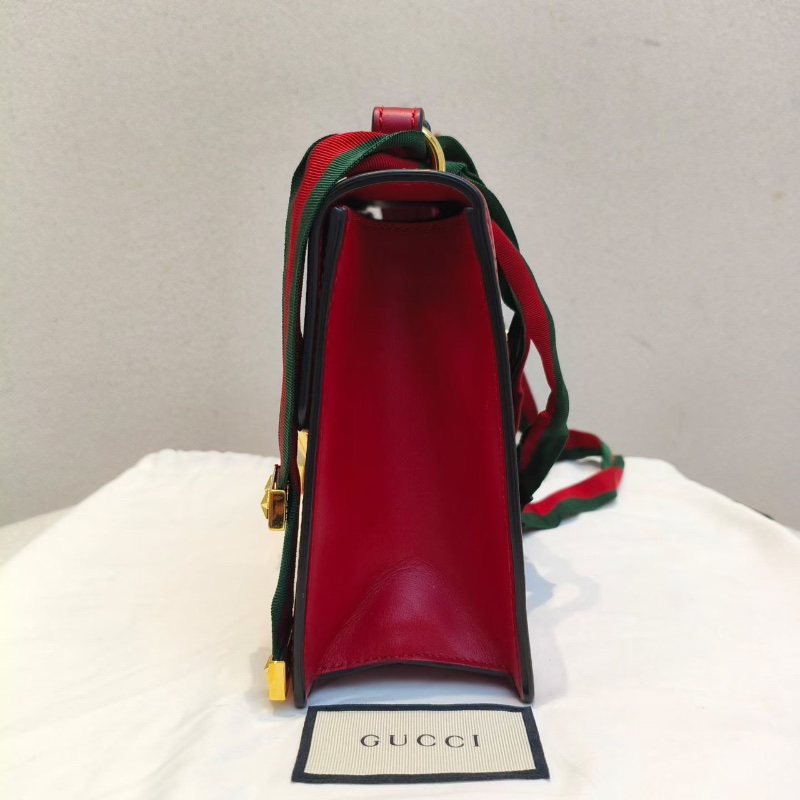 GUCCI Sylvie 金扣 條紋織帶羅緞蝴蝶結寬版肩帶 手提肩背斜背包小號  26x6x16 98新配件塵袋-5