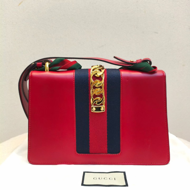 GUCCI Sylvie 金扣 條紋織帶羅緞蝴蝶結寬版肩帶 手提肩背斜背包小號  26x6x16 98新配件塵袋-6