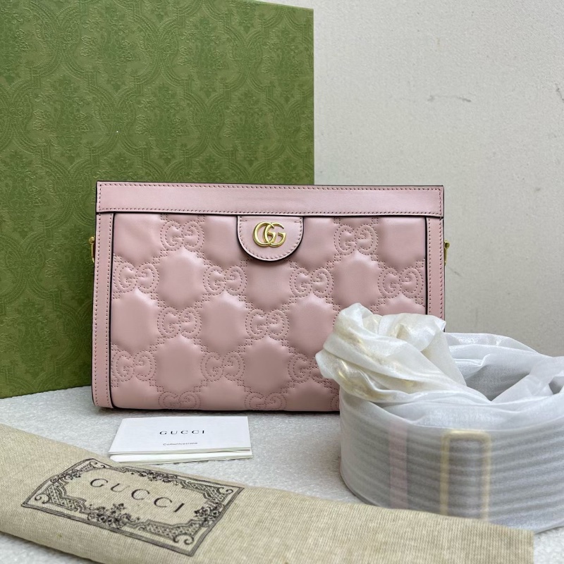 GUCCI Matelassé金色徽標鏈條帆布雙肩帶 粉色 夾子包  25.91*7.87*17.53cm  全新配件塵袋-1