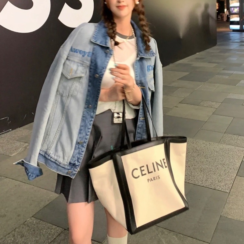 Celine 香草色帆布拼黑皮蝙蝠大tote托特包/沙灘包  30*30*25 全新閒置配件塵袋-2