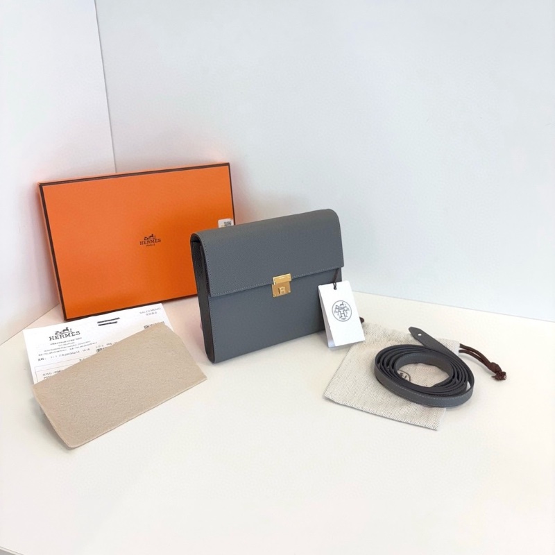 Hermes 經典小方包Clic 16 積雨雲灰金扣 epsom皮  16*14  全新閒置配件塵袋盒子-3