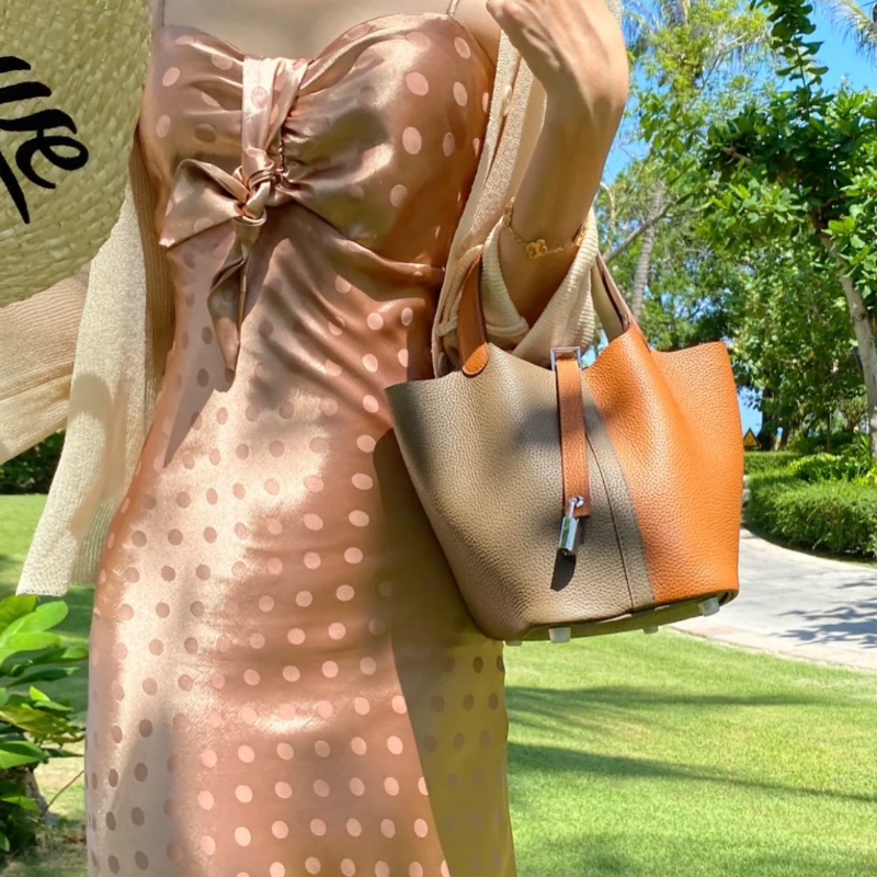 Hermes 拼色Picotin 18菜籃子 兩大金剛色大象灰+金棕色 銀扣 18*13*19cm 全新閒置配件塵袋盒子-0