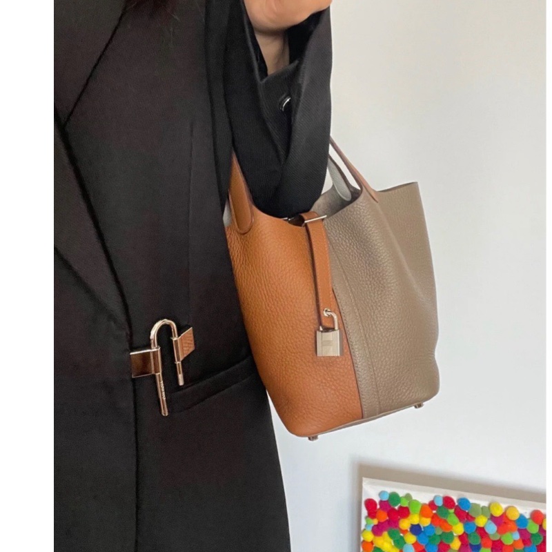 Hermes 拼色Picotin 18菜籃子 兩大金剛色大象灰+金棕色 銀扣 18*13*19cm 全新配件塵袋盒子-1