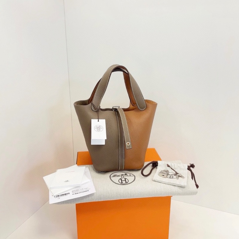 Hermes 拼色Picotin 18菜籃子 兩大金剛色大象灰+金棕色 銀扣 18*13*19cm 全新配件塵袋盒子-2