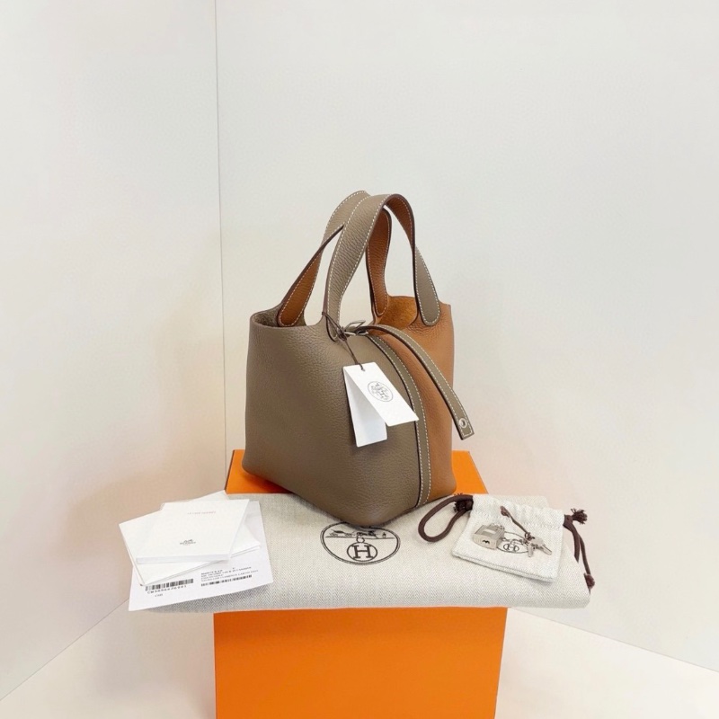 Hermes 拼色Picotin 18菜籃子 兩大金剛色大象灰+金棕色 銀扣 18*13*19cm 全新配件塵袋盒子-3