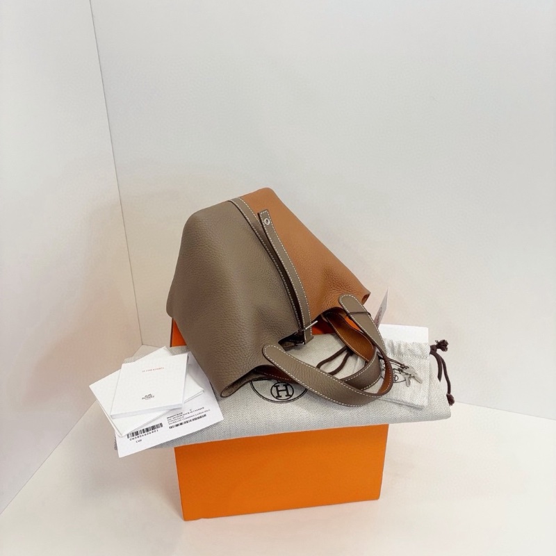 Hermes 拼色Picotin 18菜籃子 兩大金剛色大象灰+金棕色 銀扣 18*13*19cm 全新配件塵袋盒子-4
