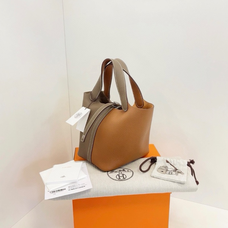 Hermes 拼色Picotin 18菜籃子 兩大金剛色大象灰+金棕色 銀扣 18*13*19cm 全新配件塵袋盒子-6