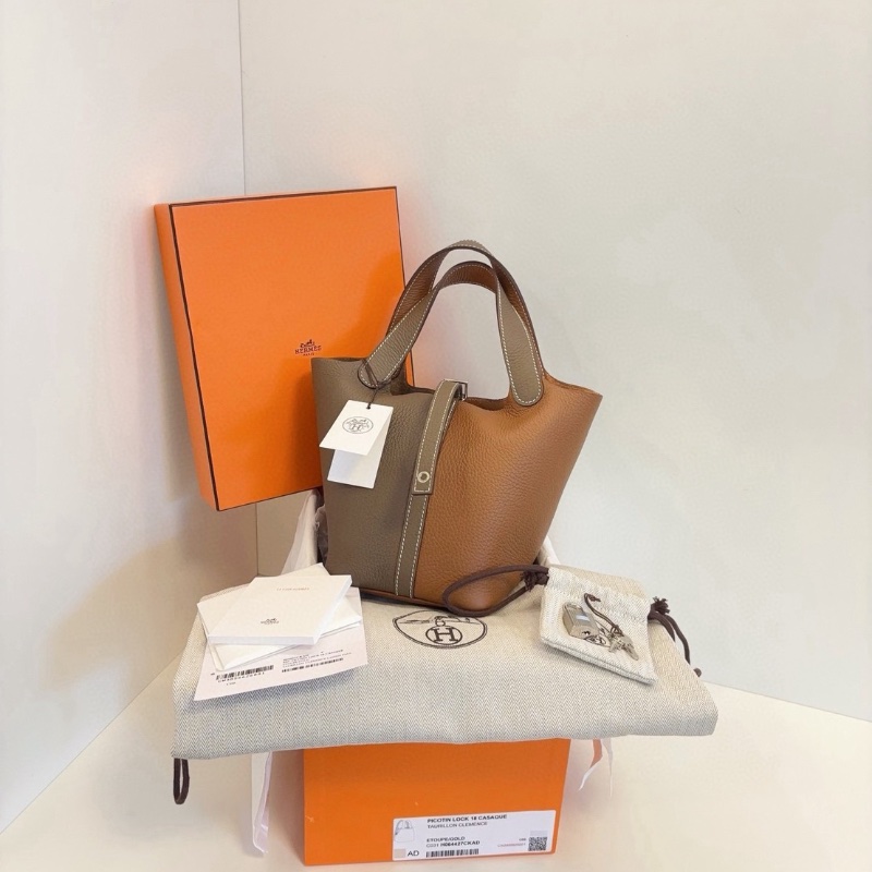 Hermes 拼色Picotin 18菜籃子 兩大金剛色大象灰+金棕色 銀扣 18*13*19cm 全新配件塵袋盒子-7