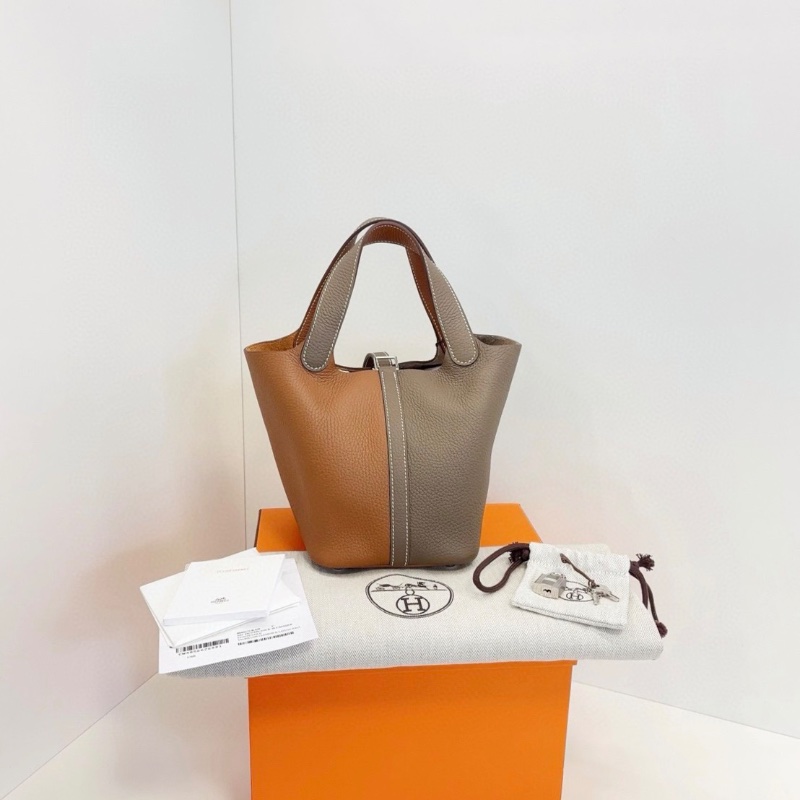 Hermes 拼色Picotin 18菜籃子 兩大金剛色大象灰+金棕色 銀扣 18*13*19cm 全新配件塵袋盒子-8