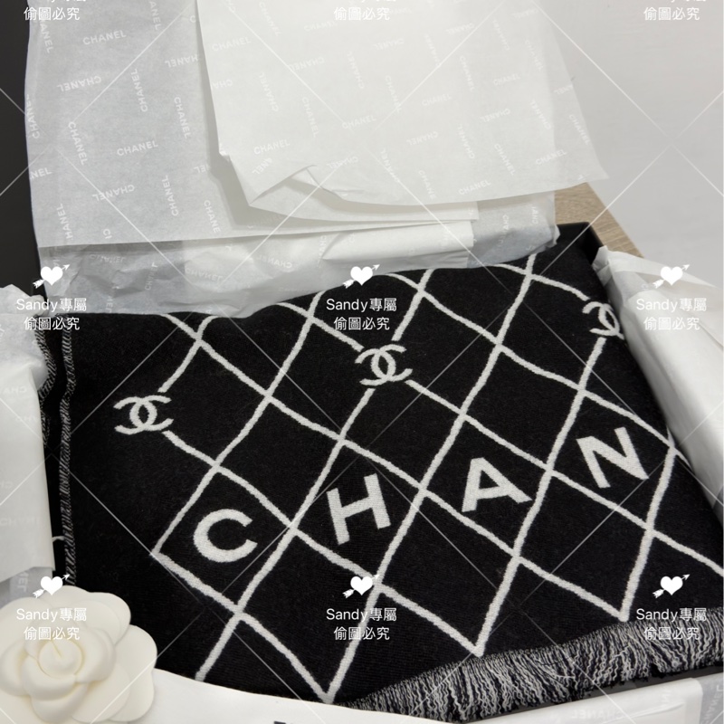 附盒子 Chanel 26p 爆款經典菱格圍巾🧣 全新全配 黑色-13