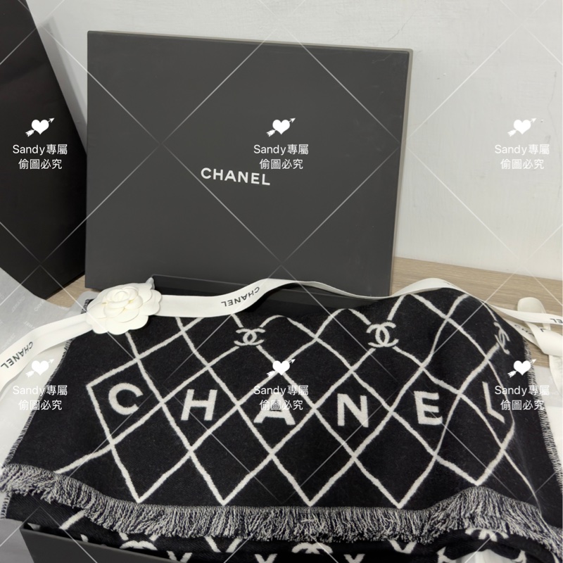 附盒子 Chanel 26p 爆款經典菱格圍巾🧣 全新全配 黑色-16