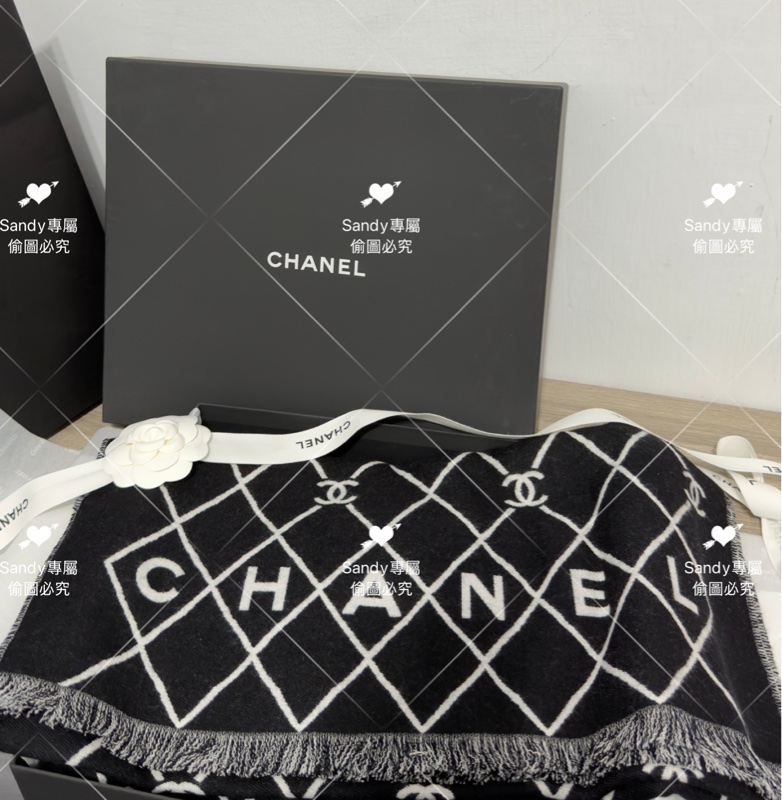 附盒子 Chanel 26p 爆款經典菱格圍巾🧣 全新全配 黑色-29
